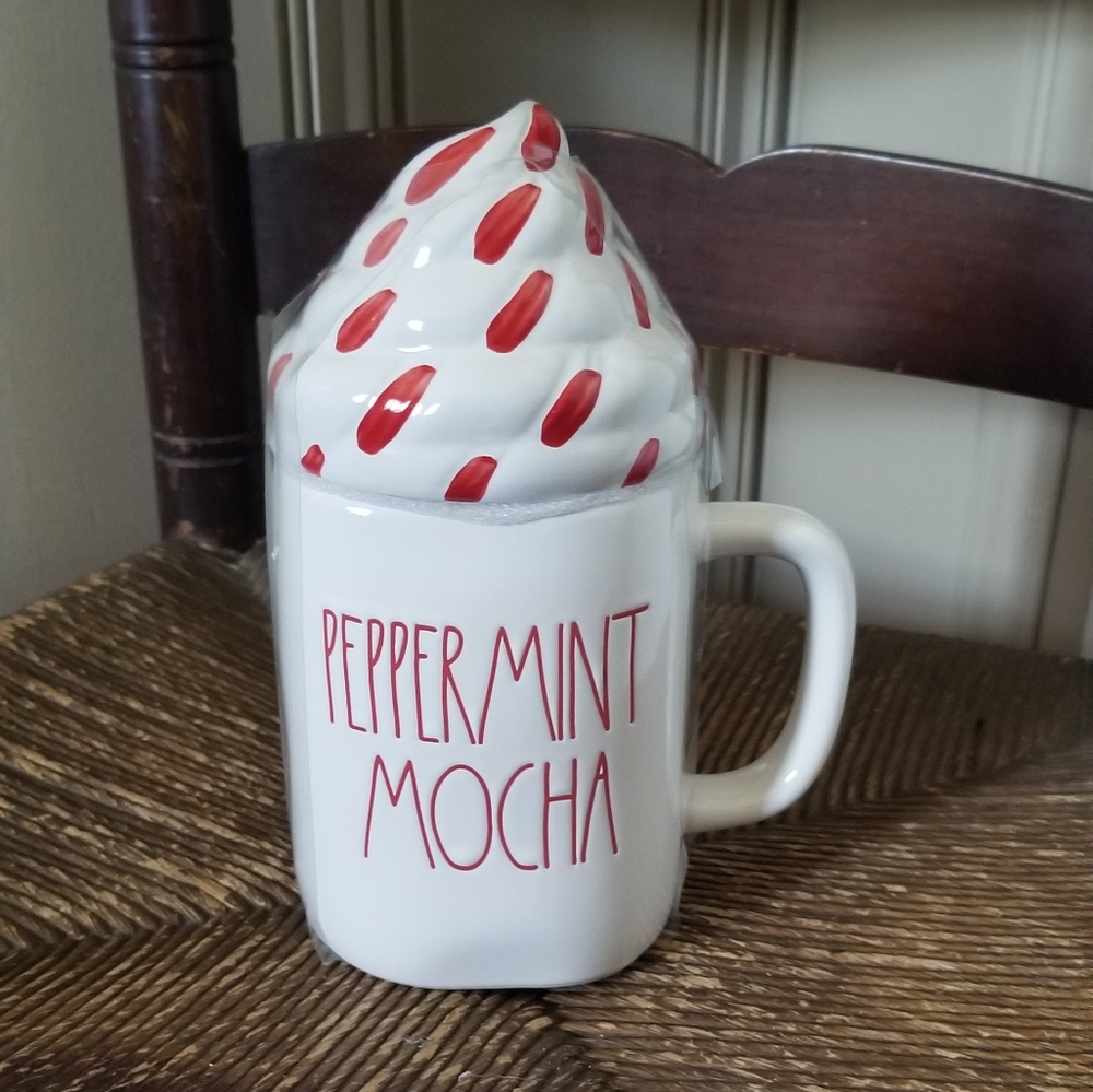 Rae Dunn peppermint mocha mug with topper